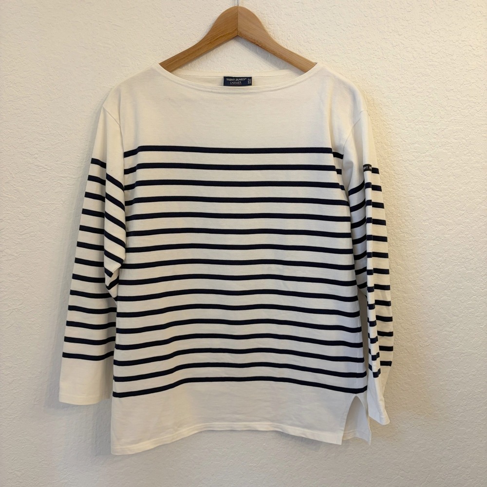Saint James Breton Stripe Shirt Womens 8 France 40 Nautical Boat Neck Cream Navy
